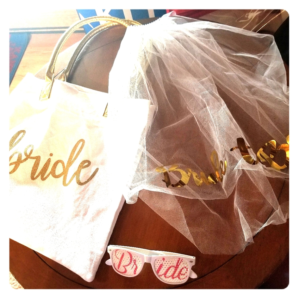 Bachlorette veil, bride sunglasses, and bride bag